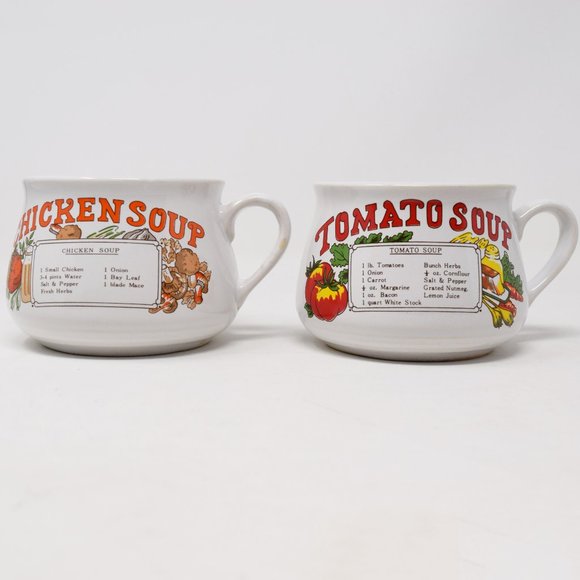 2 Vintage Tomato Chicken Soup Recipe Mug Bowl Set Ingredients 70s Comfort Food - Picture 2 of 14